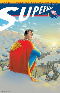 Comic book cover with Superman sitting in the clouds above a city